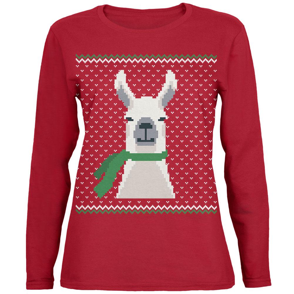 Ugly Christmas Sweater Big Llama Womens Long Sleeve T Shirt Women's Long Sleeves Old Glory SM Red