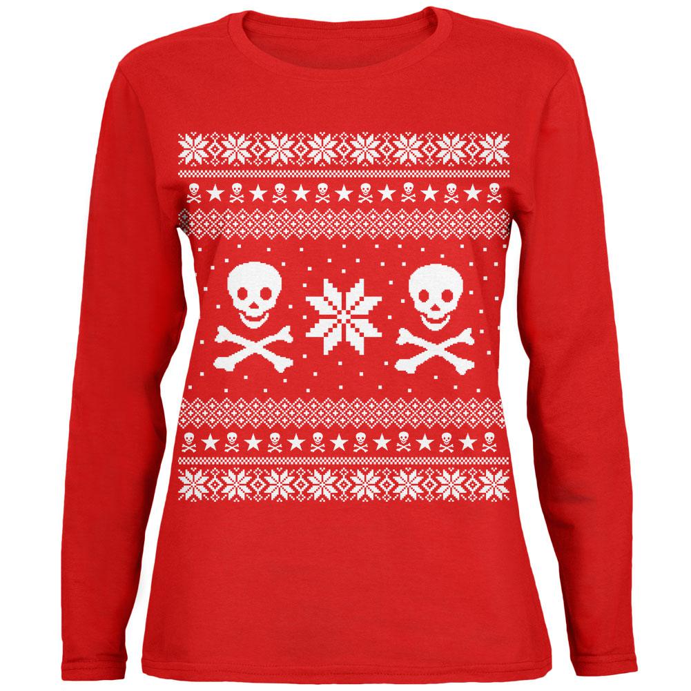 Skull & Crossbones Ugly Christmas Sweater Womens Long Sleeve T Shirt Women's Long Sleeves Old Glory 2XL Red