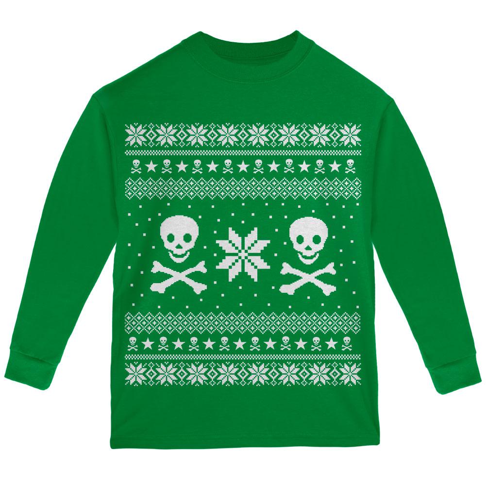 Skull & Crossbones Ugly Christmas Sweater Youth Long Sleeve T Shirt Youth Long Sleeves Old Glory LG Green