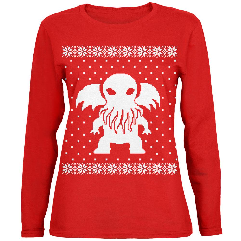 Big Cthulhu Lovecraft Ugly Christmas Sweater Womens Long Sleeve T Shirt Women's Long Sleeves Old Glory 2XL Red