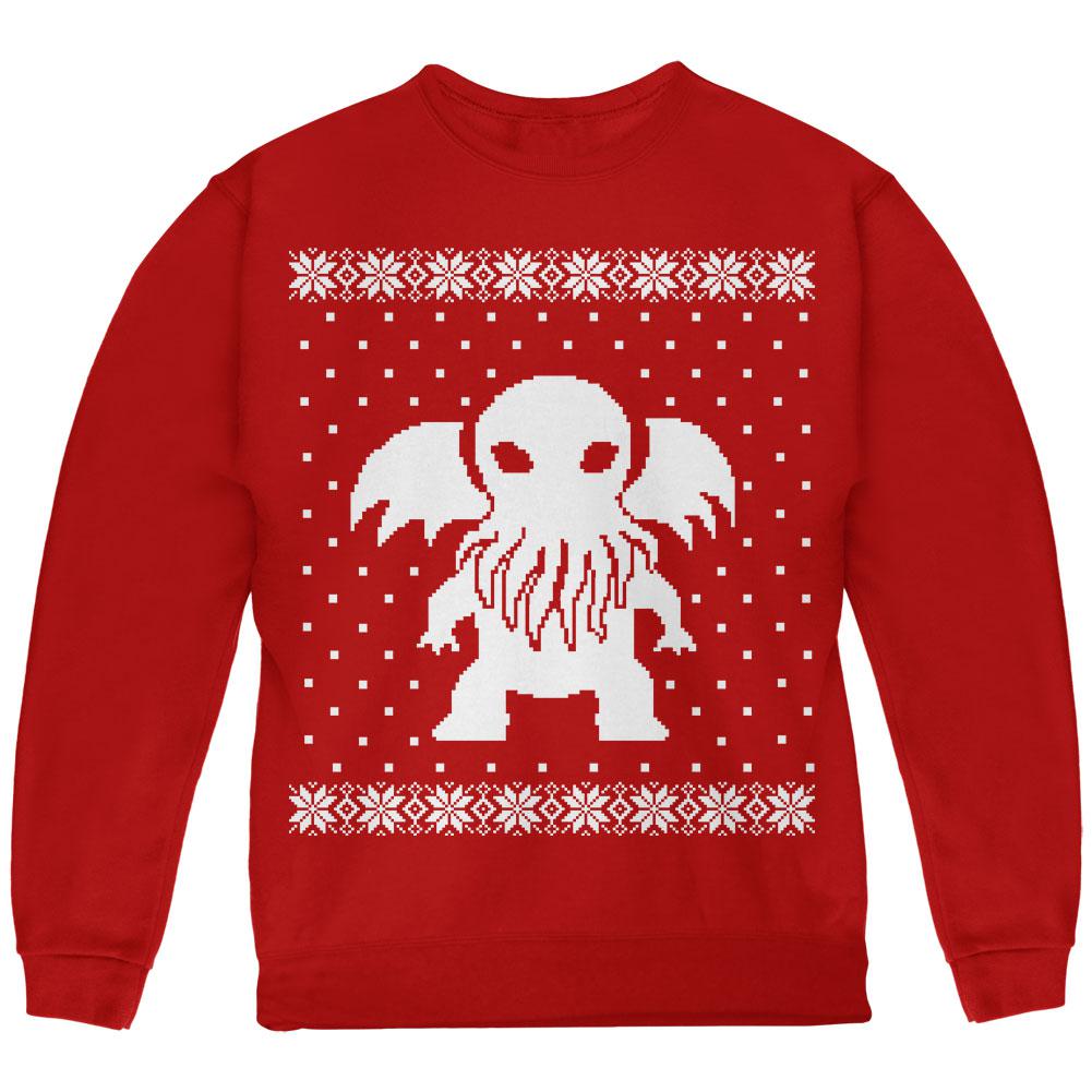 Big Cthulhu Lovecraft Ugly Christmas Sweater Youth Sweatshirt Youth Sweatshirts Old Glory LG Red