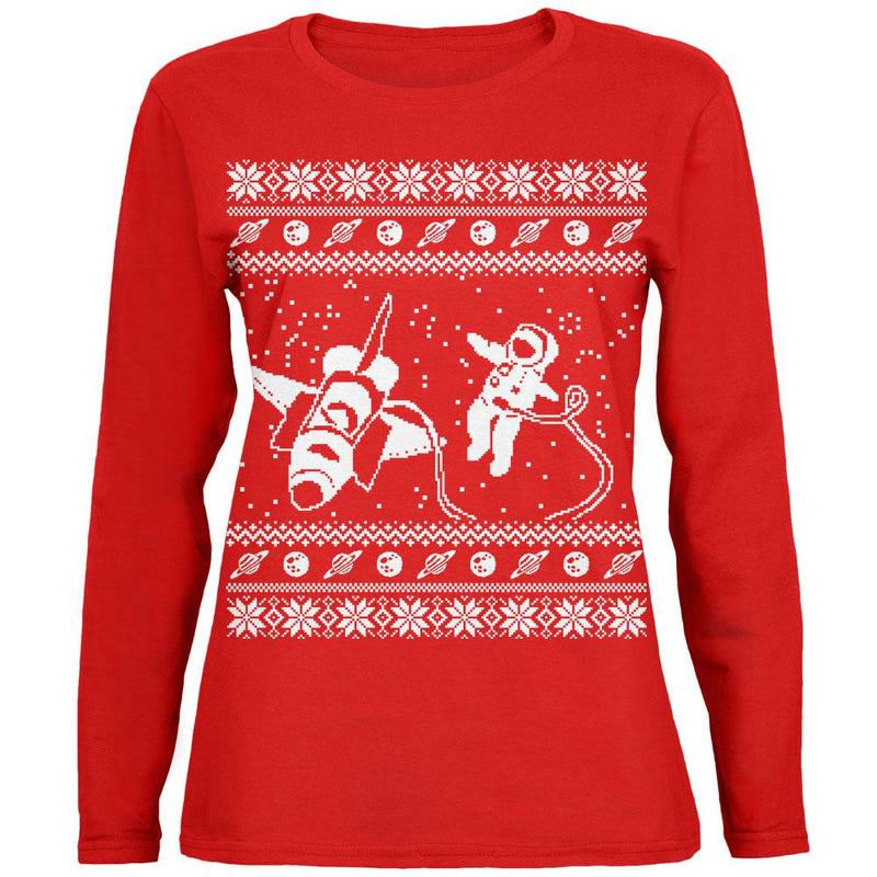 Astronaut in Space Ugly Christmas Sweater Womens Long Sleeve T Shirt Women's Long Sleeves Old Glory 2XL Red