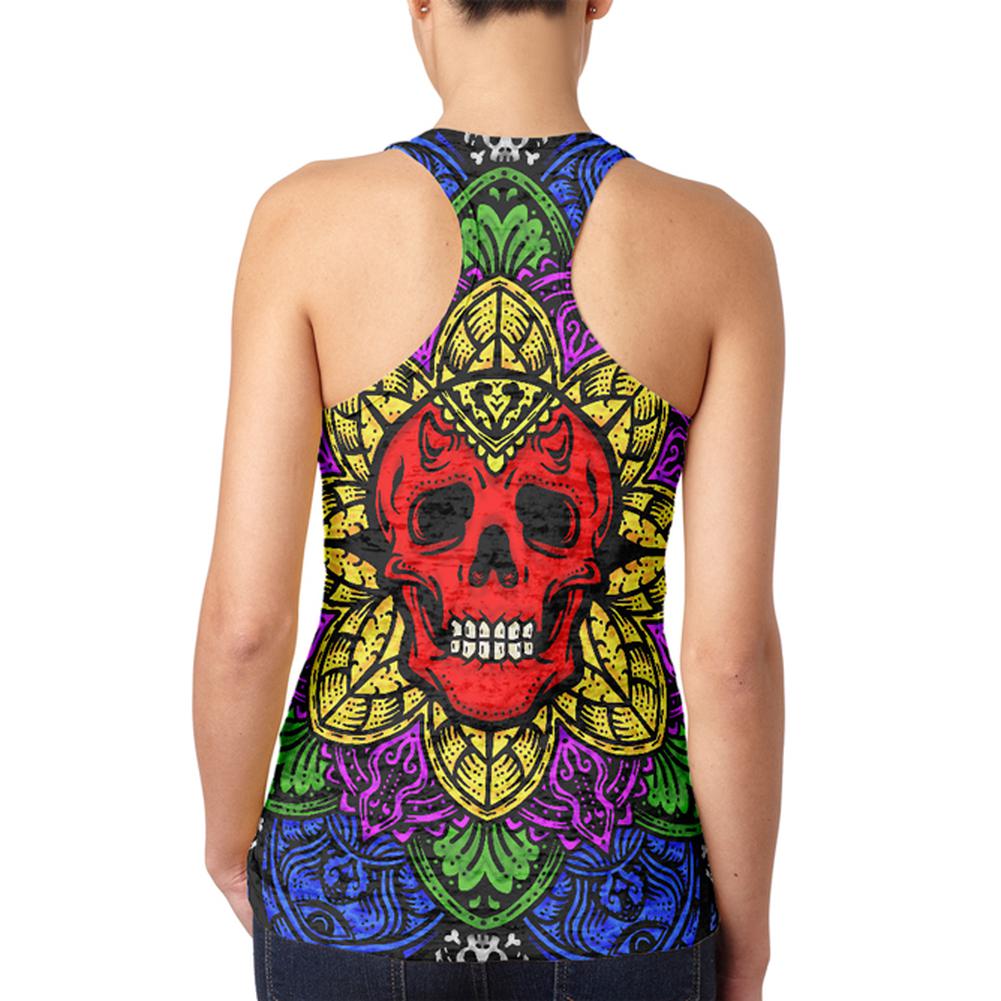 Halloween Demon Skull Mandala Juniors Burnout Racerback Tank Top Juniors Tank Tops Old Glory