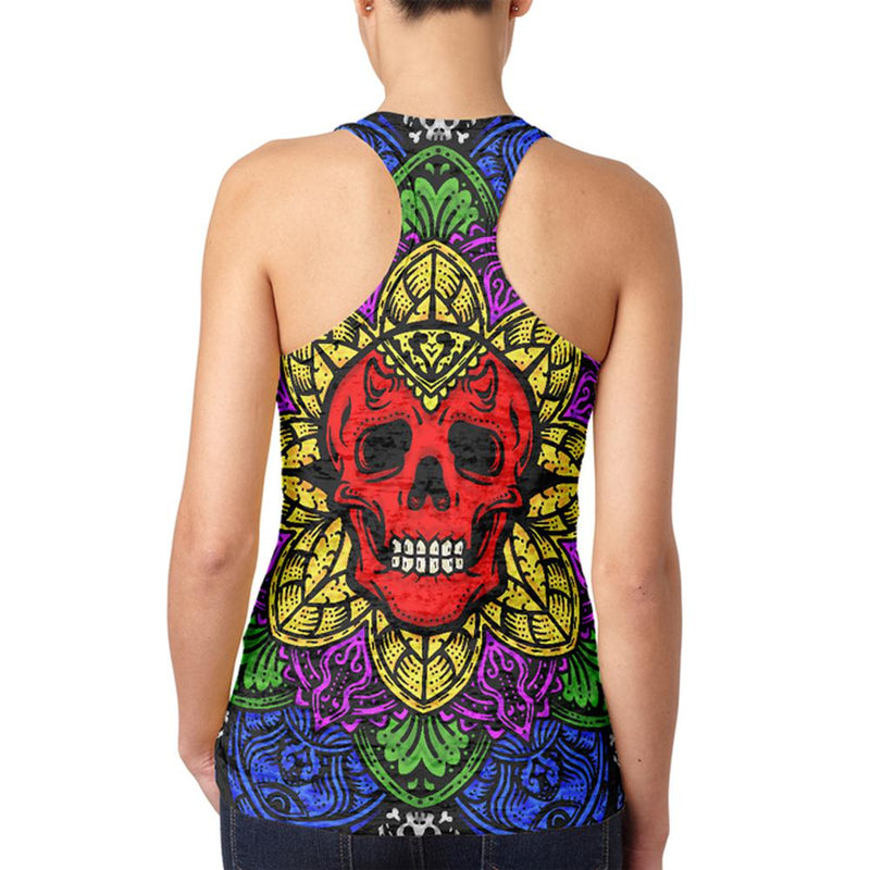 Halloween Demon Skull Mandala Juniors Burnout Racerback Tank Top Juniors Tank Tops Old Glory