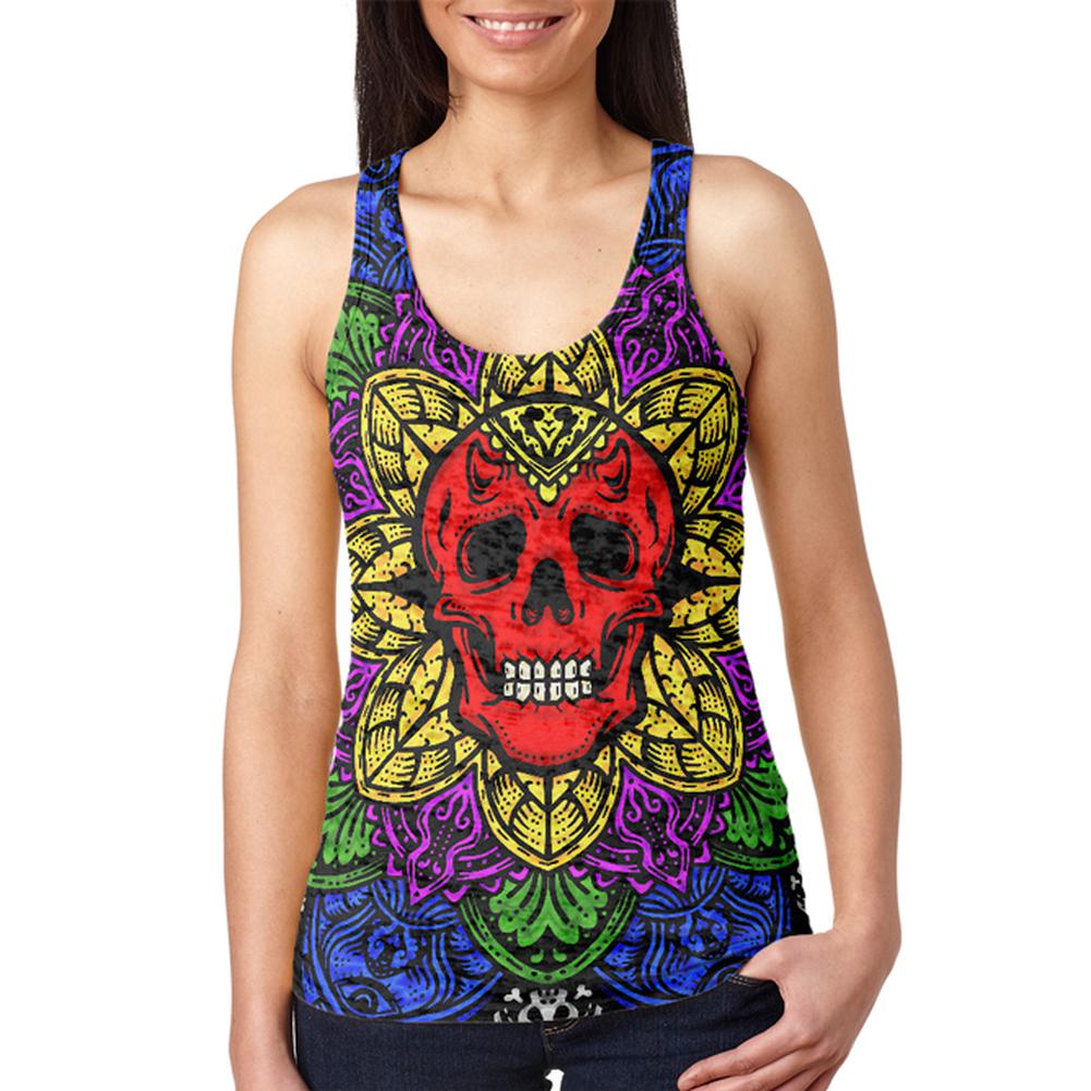 Halloween Demon Skull Mandala Juniors Burnout Racerback Tank Top Juniors Tank Tops Old Glory 2XL Multi