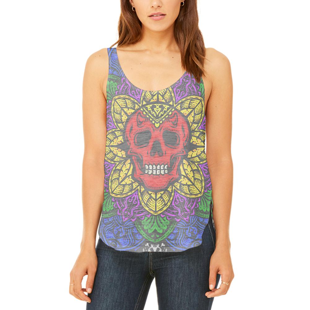 Halloween Demon Skull Mandala Juniors Flowy Side Slit Tank Top Juniors Tank Tops Old Glory 2XL Multi