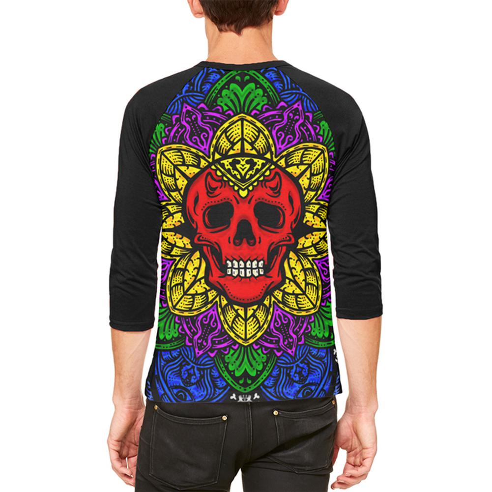 Halloween Demon Skull Mandala Mens Raglan T Shirt Men's T-Shirts Old Glory