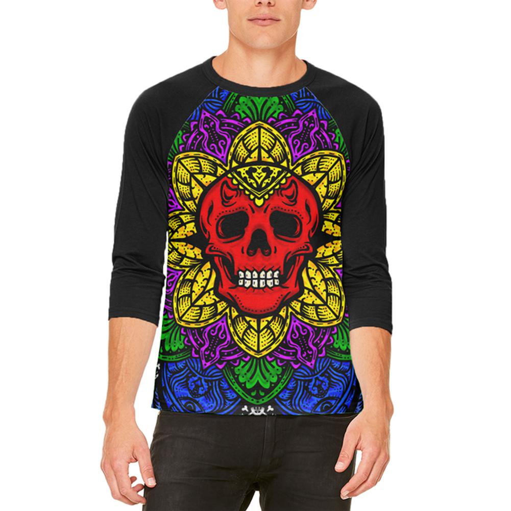 Halloween Demon Skull Mandala Mens Raglan T Shirt Men's T-Shirts Old Glory 2XL White-Black