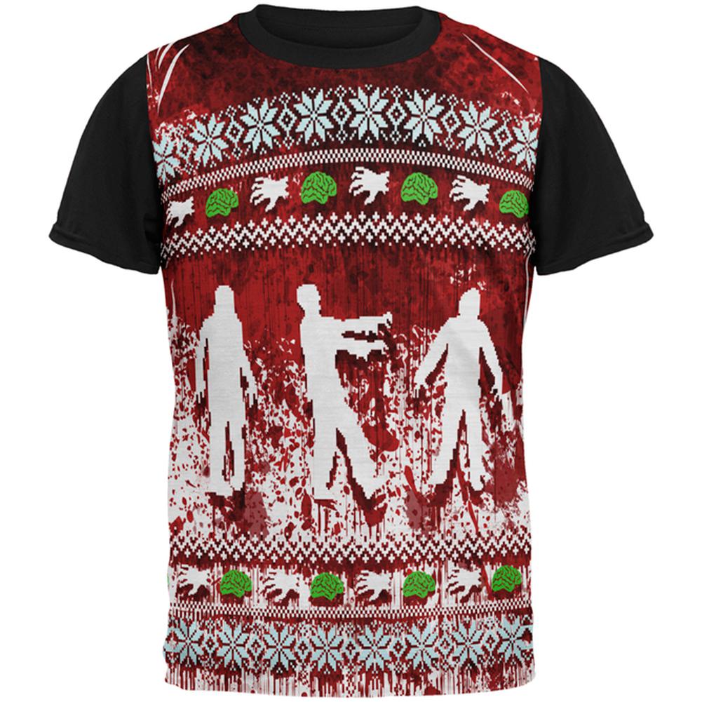 Ugly Christmas Sweater Bloody Zombie Attack Survivor All Over Mens Black Back T Shirt Men's T-Shirts Old Glory SM Multi