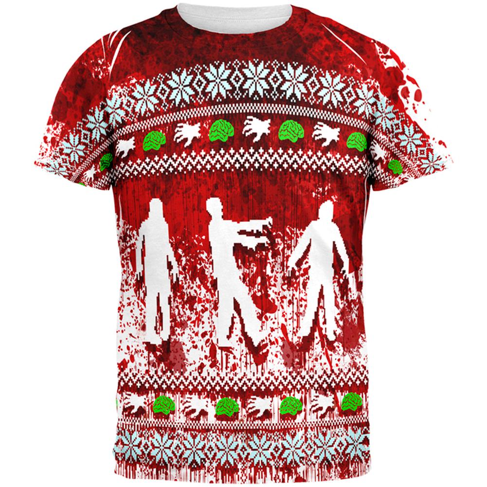 Ugly Christmas Sweater Bloody Zombie Attack Survivor All Over Mens T Shirt Men's T-Shirts Old Glory 2XL Multi