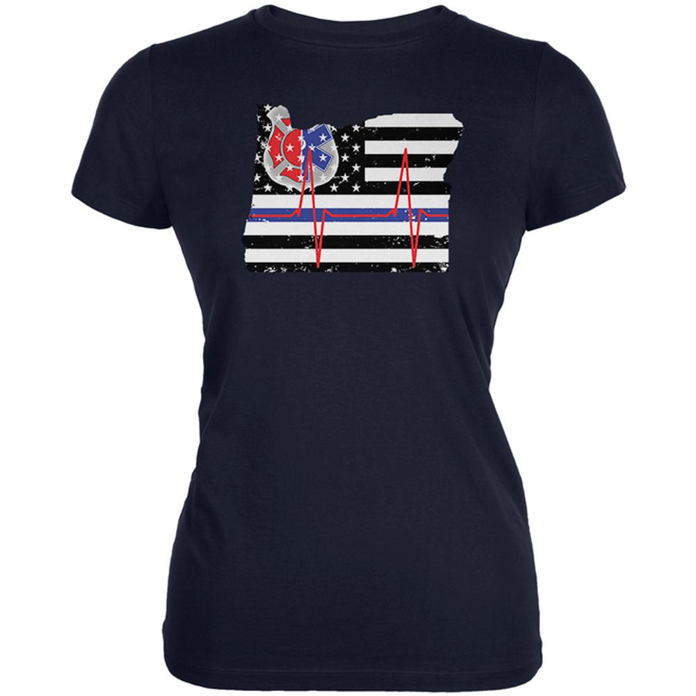Oregon First Responder Thin Blue Line Flag Juniors Soft T Shirt Juniors T-Shirts Old Glory 2XL Navy