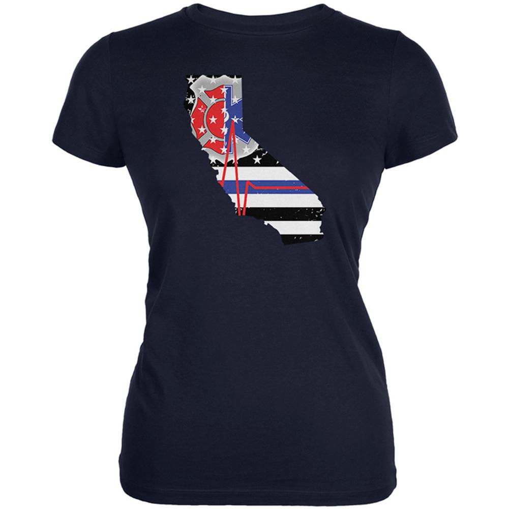 California First Responder Thin Blue Line Flag Juniors Soft T Shirt Juniors T-Shirts Old Glory 2XL Navy