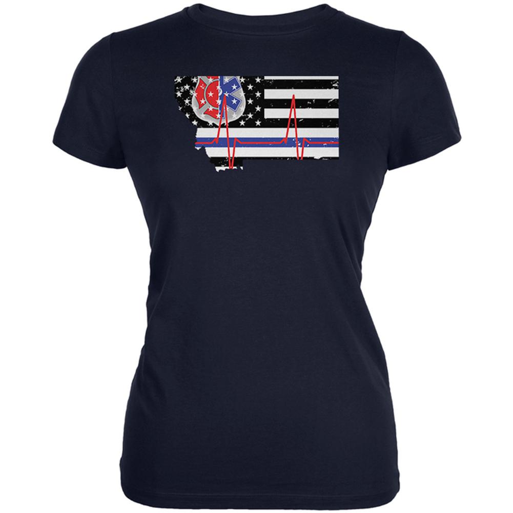Montana First Responder Thin Blue Line Flag Juniors Soft T Shirt Juniors T-Shirts Old Glory 2XL Navy