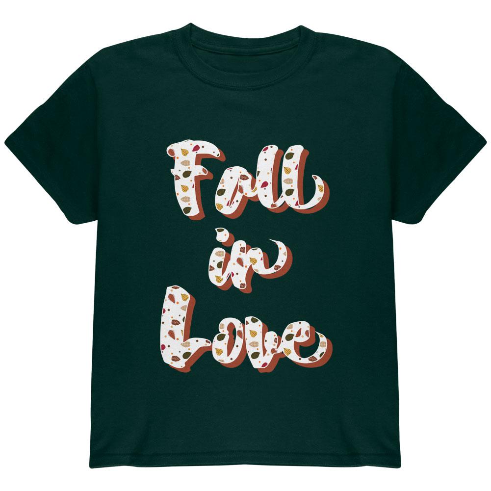 Autumn Fall in Love Leaves Pattern Youth T Shirt Youth T-Shirts Old Glory LG Forest Green