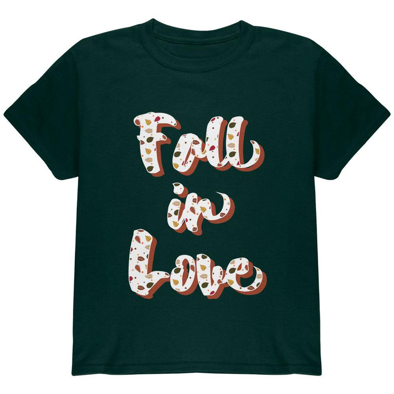 Autumn Fall in Love Leaves Pattern Youth T Shirt Youth T-Shirts Old Glory LG Forest Green