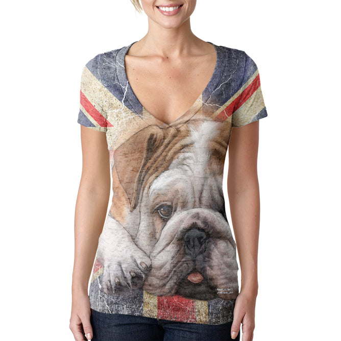 English Bulldog Union Jack Flag Live Forever Juniors Burnout V-Neck T-Shirt Juniors T-Shirts Old Glory XL Multicolored