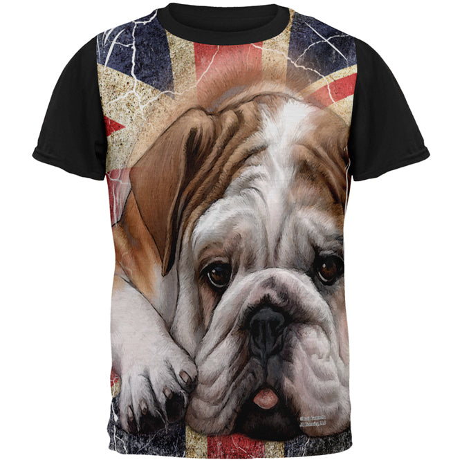 English Bulldog Union Jack Flag Live Forever All Over Mens Black Back T Shirt Men's T-Shirts Old Glory SM Multi