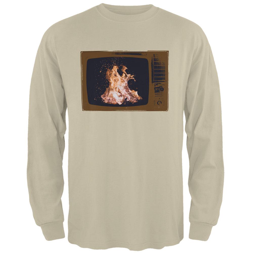 Autumn Funny Faux Fireplace Television Mens Long Sleeve T Shirt Men's Long Sleeves Old Glory 2XL Sand