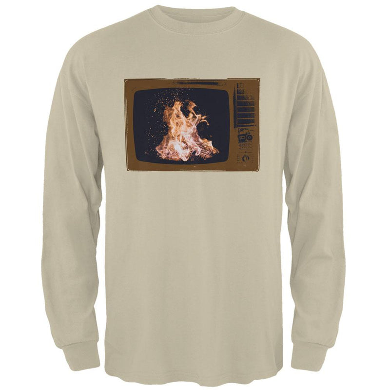 Autumn Funny Faux Fireplace Television Mens Long Sleeve T Shirt Men's Long Sleeves Old Glory 2XL Sand
