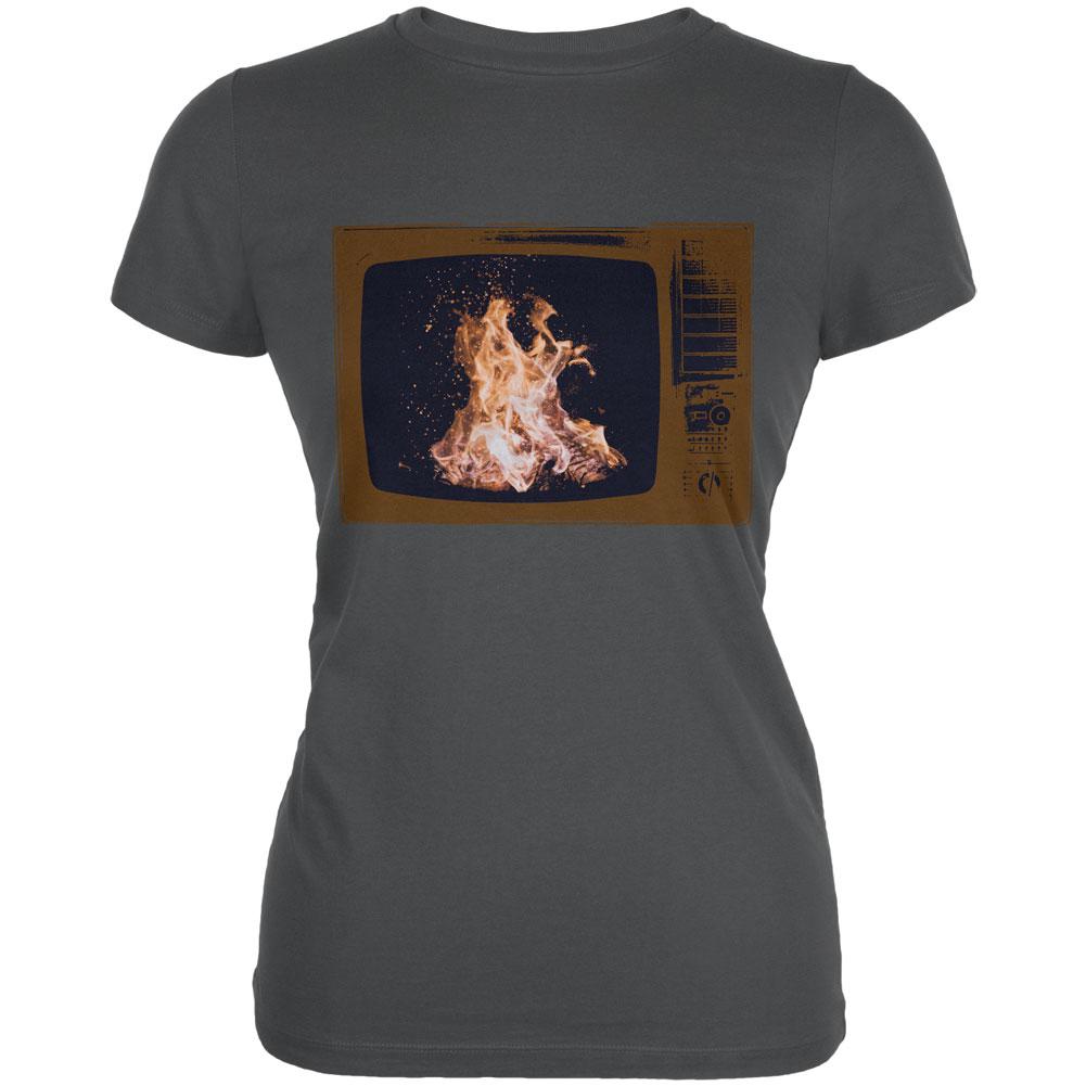 Autumn Funny Faux Fireplace Television Juniors Soft T Shirt Juniors T-Shirts Old Glory 2XL Asphalt