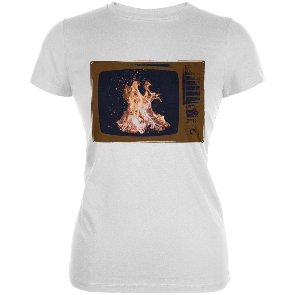 Autumn Funny Faux Fireplace Television Juniors Soft T Shirt Juniors T-Shirts Old Glory 2XL White