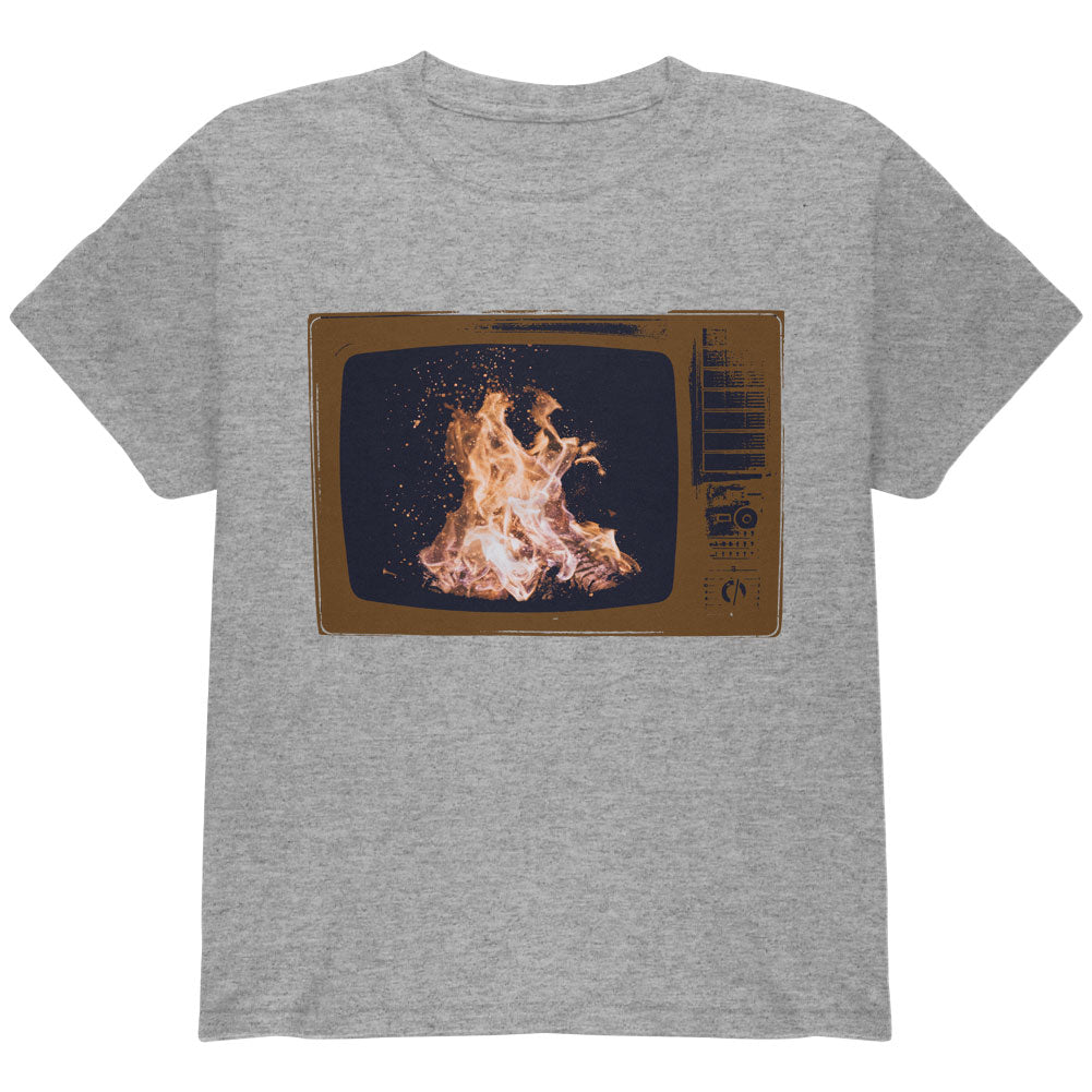 Autumn Funny Faux Fireplace Television Youth T Shirt Youth T-Shirts Old Glory YLG Heather