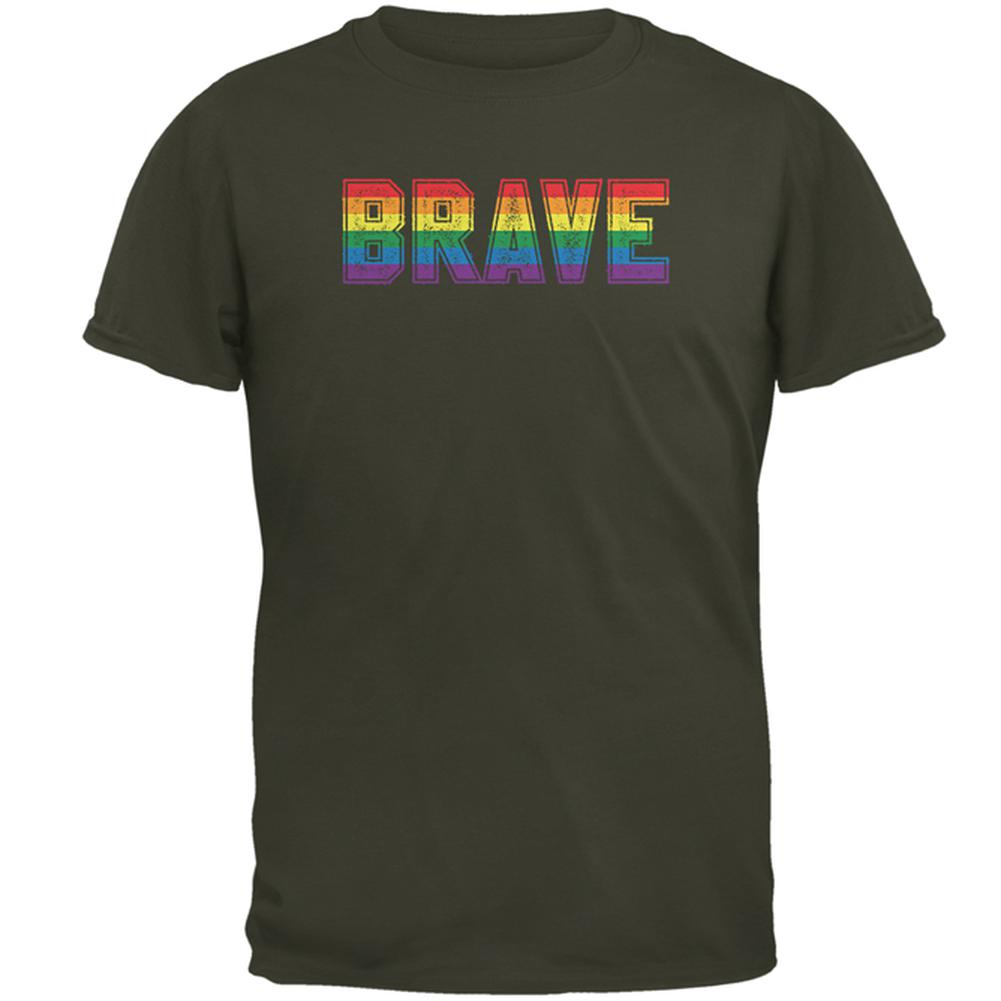 Brave Gay Pride Flag LGBTQ Mens T Shirt Men's T-Shirts Old Glory MD Olive