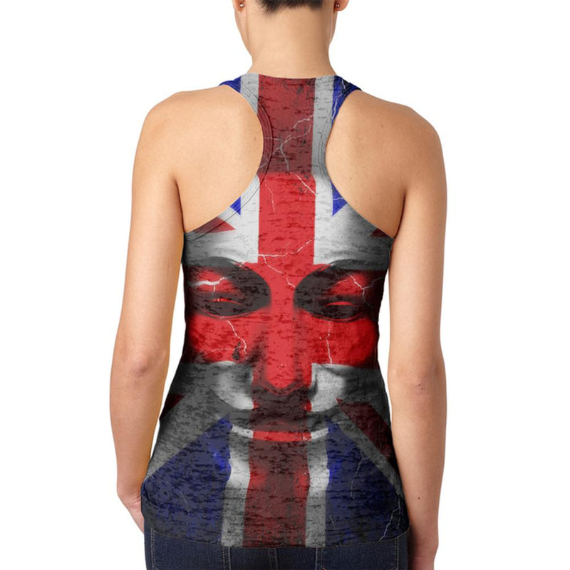 Guy Fawkes Day Union Jack Distressed British Flag Mask Juniors Burnout Racerback Tank Top Juniors Tank Tops Old Glory