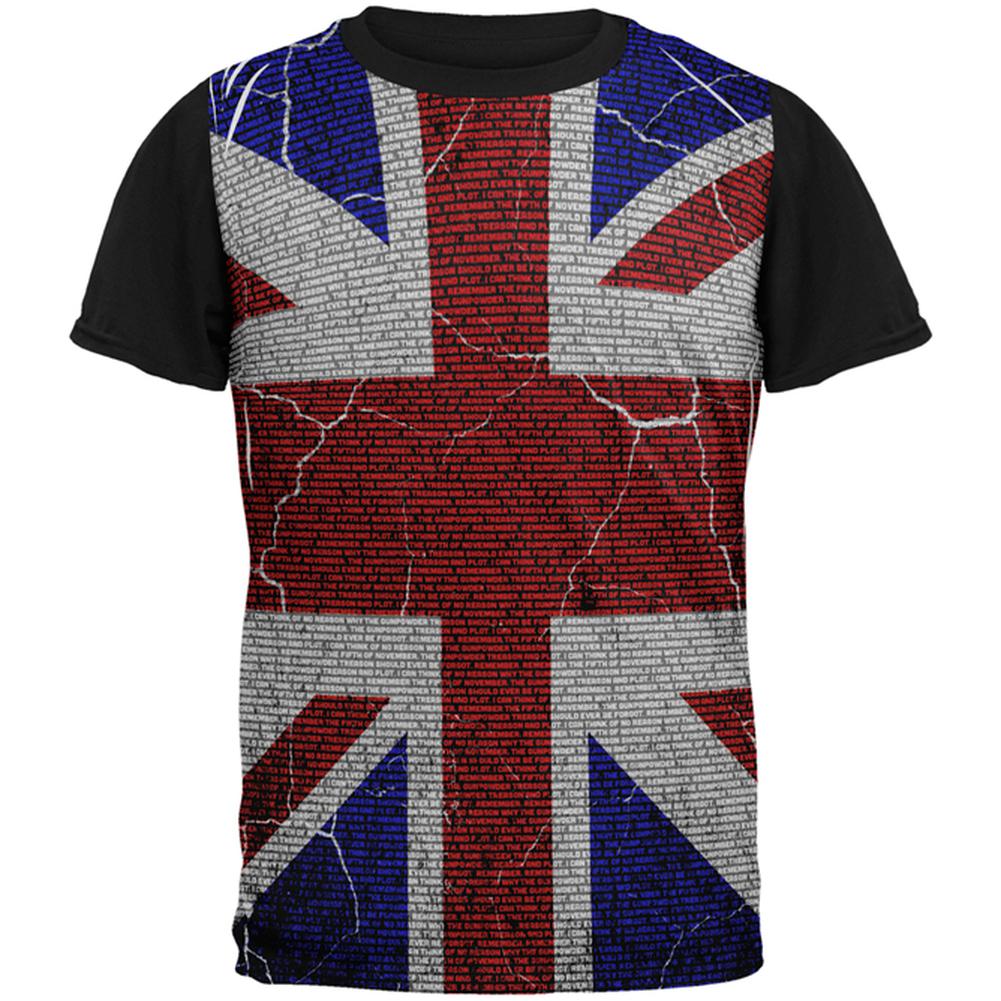 5th of November Rhyme Union Jack British Flag All Over Mens Black Back T Shirt Men's T-Shirts Old Glory MD Multi