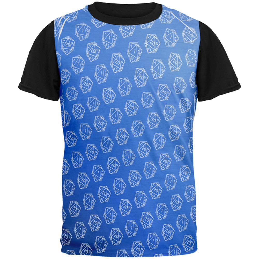 D20 Gamer Critical Hit and Fumble Blue Pattern All Over Mens Black Back T Shirt Men's T-Shirts Old Glory MD Multi