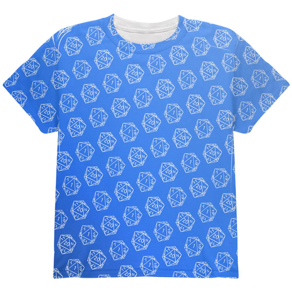 D20 Gamer Critical Hit and Fumble Blue Pattern All Over Youth T Shirt Youth T-Shirts Old Glory LG Multi