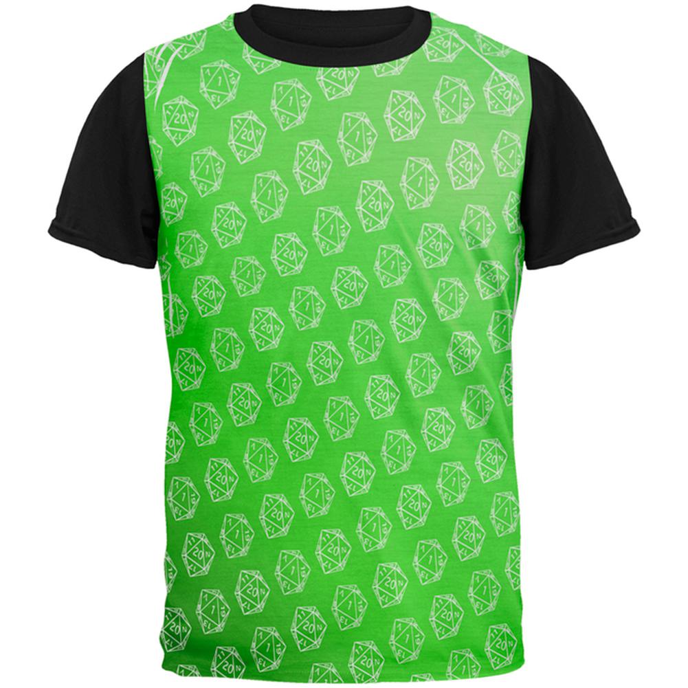 D20 Gamer Critical Hit and Fumble Green Pattern All Over Mens Black Back T Shirt Men's T-Shirts Old Glory MD Multi