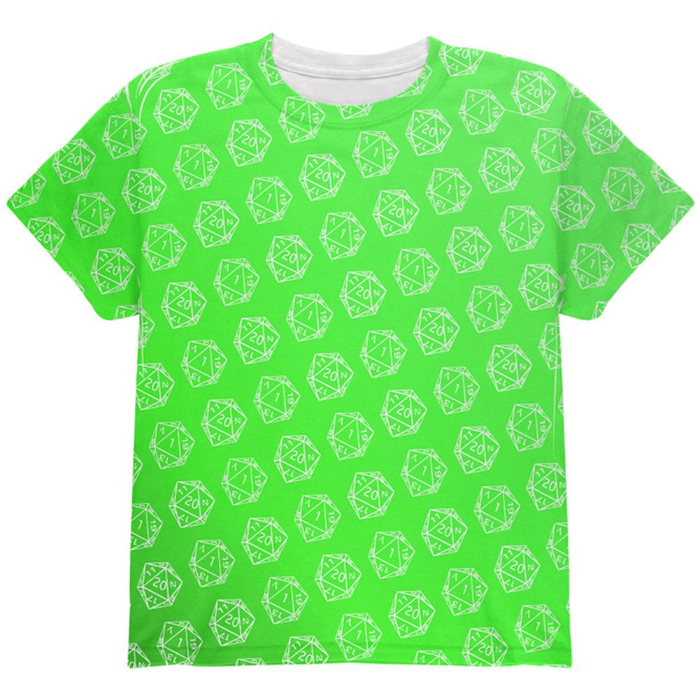 D20 Gamer Critical Hit and Fumble Green Pattern All Over Youth T Shirt Youth T-Shirts Old Glory LG Multi