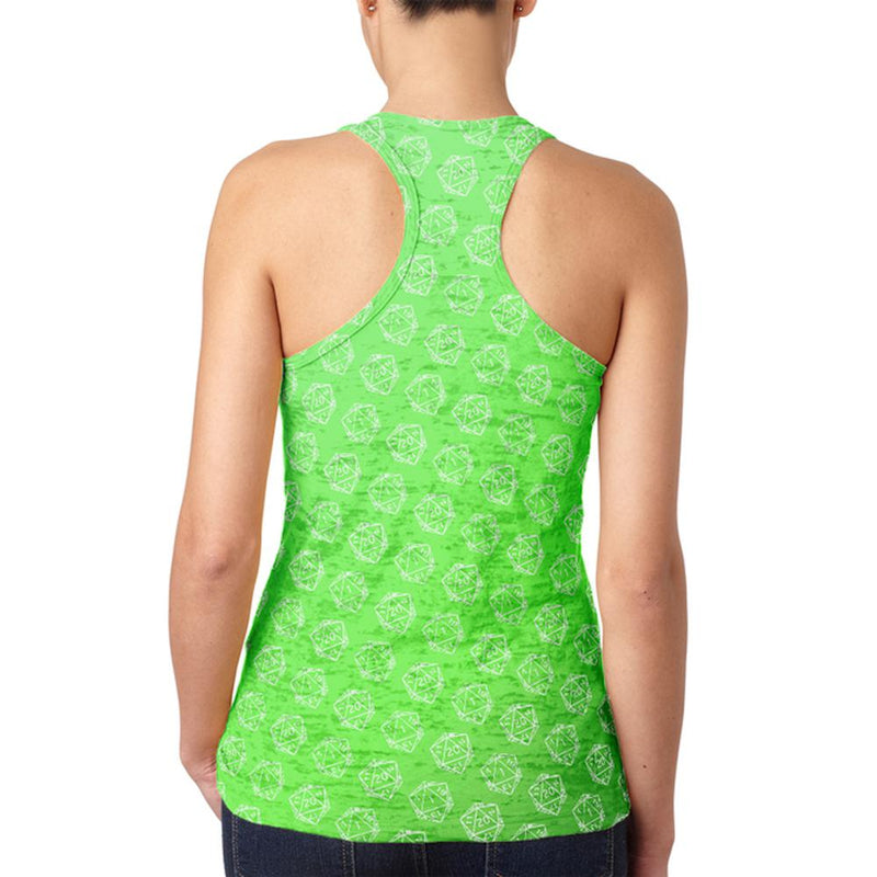 D20 Gamer Critical Hit and Fumble Green Pattern Juniors Burnout Racerback Tank Top Juniors Tank Tops Old Glory