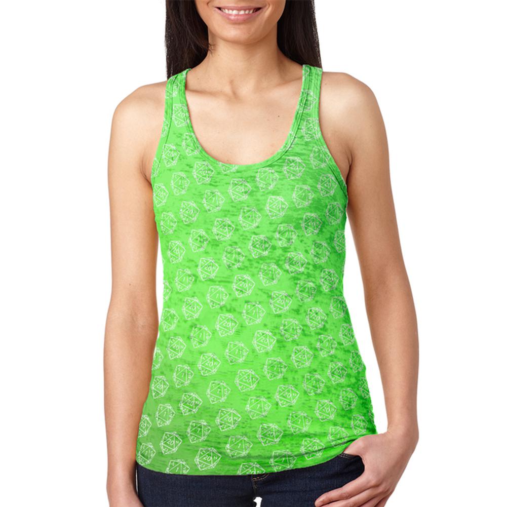 D20 Gamer Critical Hit and Fumble Green Pattern Juniors Burnout Racerback Tank Top Juniors Tank Tops Old Glory 2XL Multi