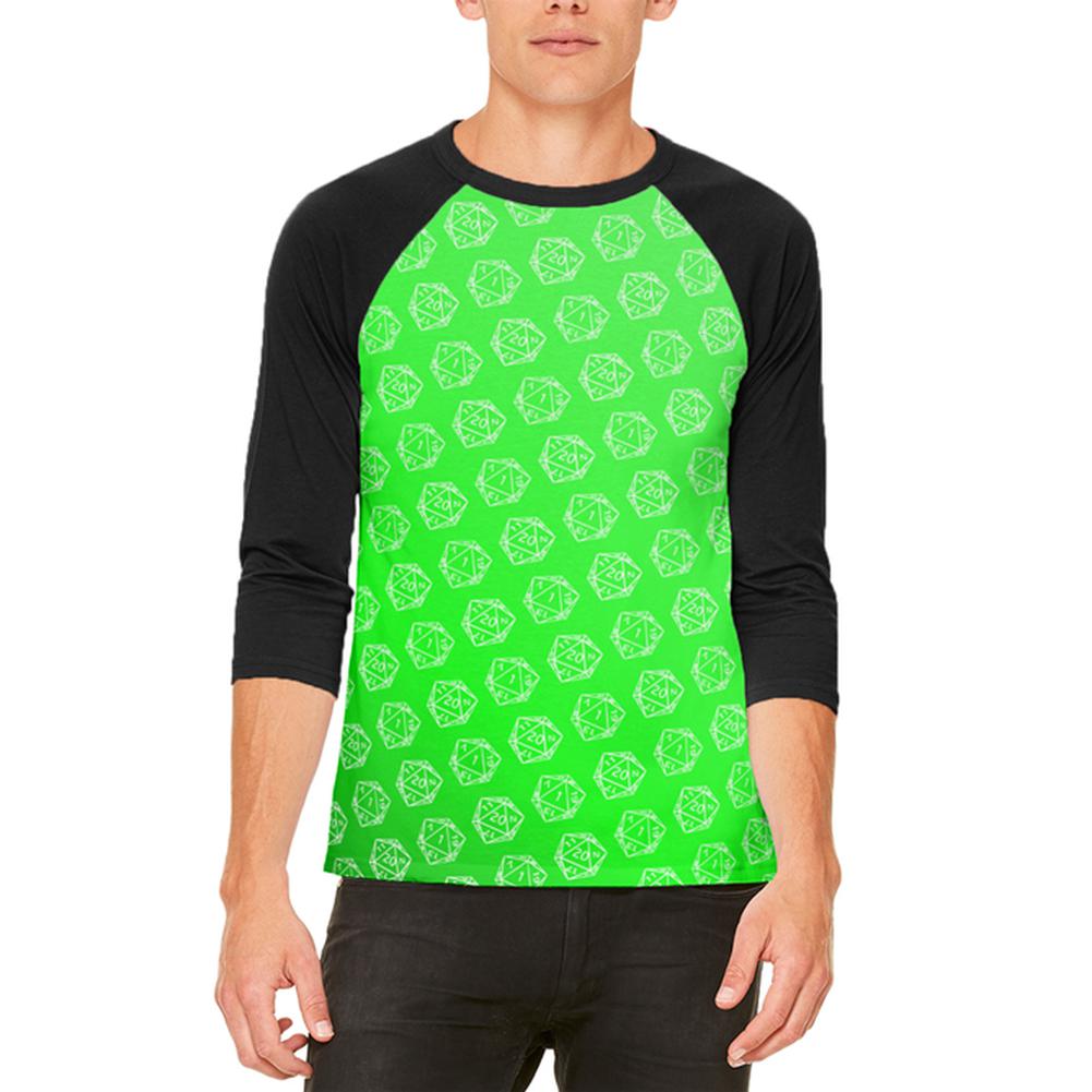 D20 Gamer Critical Hit and Fumble Green Pattern Mens Raglan T Shirt Men's T-Shirts Old Glory 2XL White-Black