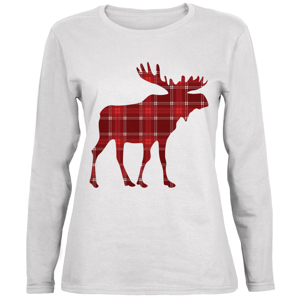 Autumn Plaid Moose Ladies' Relaxed Jersey Long-Sleeve Tee Women's Long Sleeves Old Glory 2XL White