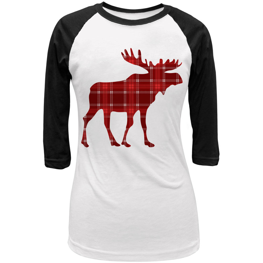 Autumn Plaid Moose Juniors 3/4 Sleeve Raglan T Shirt Juniors T-Shirts Old Glory LG White-Black