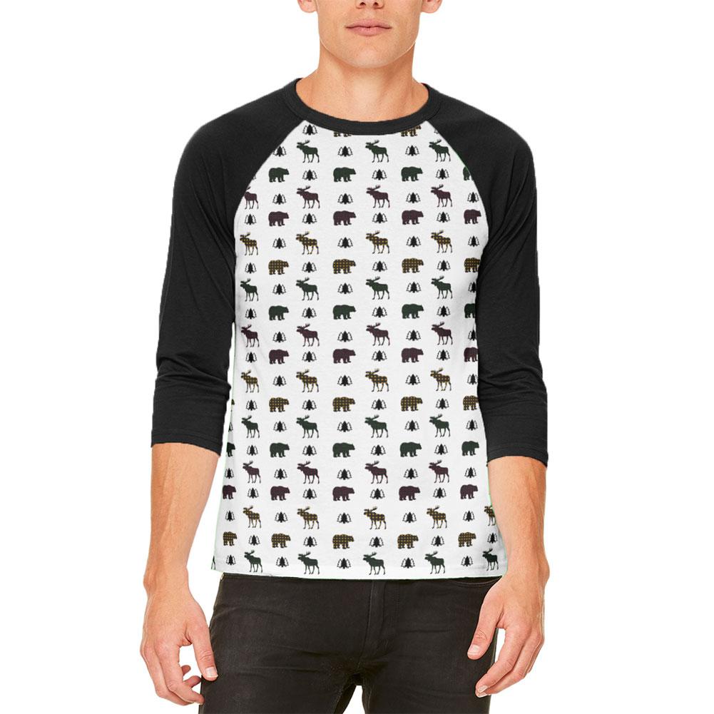 Autumn Plaid Bear and Moose Pattern Mens Raglan T Shirt Men's T-Shirts Old Glory XL White-Black
