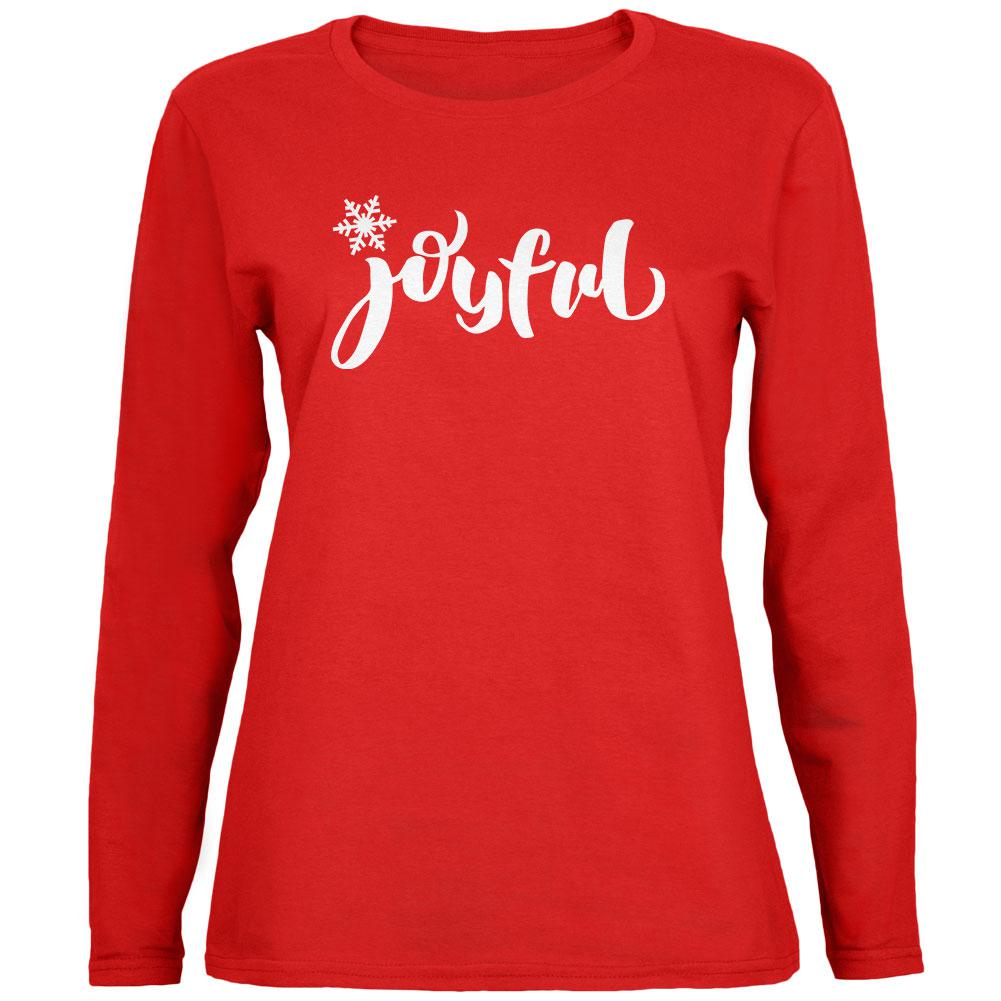 Christmas Joyful Script Snowflake Womens Long Sleeve T Shirt Women's Long Sleeves Old Glory SM Red
