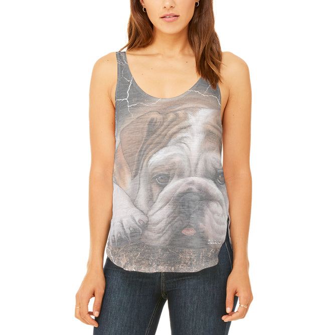 English Bulldog Live Forever Juniors Flowy Side Slit Tank Top Juniors Tank Tops Old Glory MD Multicoloured