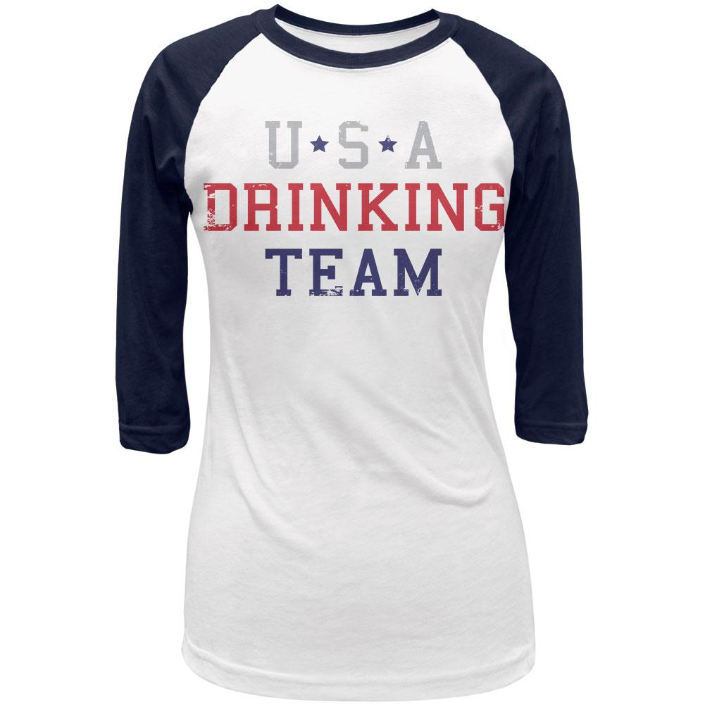 4th of July USA Drinking Team Juniors 3/4 Raglan T Shirt Juniors T-Shirts Old Glory 2XL White-Navy