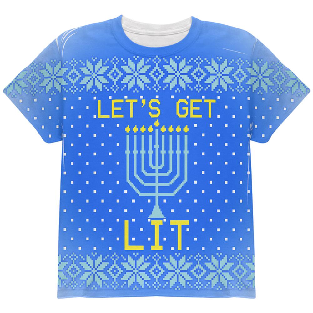 Ugly Christmas Sweater Let's Get Lit Menorah Hanukkah All Over Youth T Shirt Youth T-Shirts Old Glory LG Multi