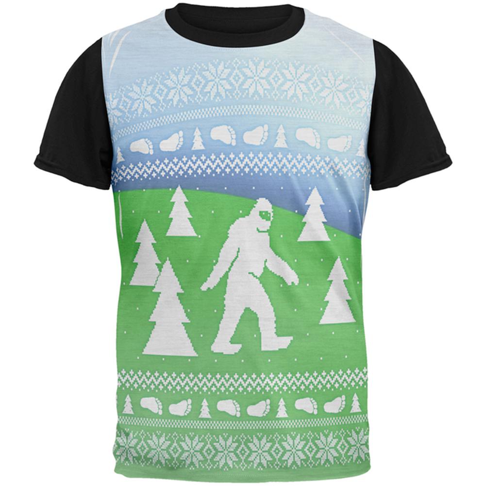 Ugly Christmas Sweater Bigfoot Sasquatch Yeti All Over Mens Black Back T Shirt Men's T-Shirts Old Glory SM Multi