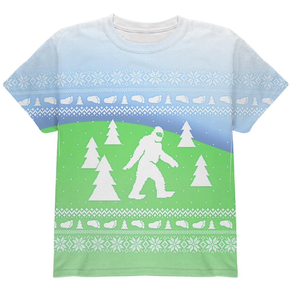 Ugly Christmas Sweater Bigfoot Sasquatch Yeti All Over Youth T Shirt Youth T-Shirts Old Glory LG Multi