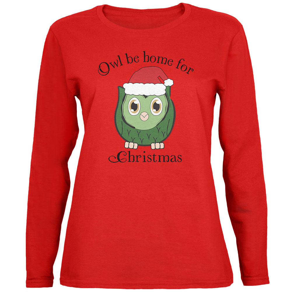 Owl I'll Be Home For Christmas Cute Funny Pun Womens Long Sleeve T Shirt Women's Long Sleeves Old Glory 2XL Red