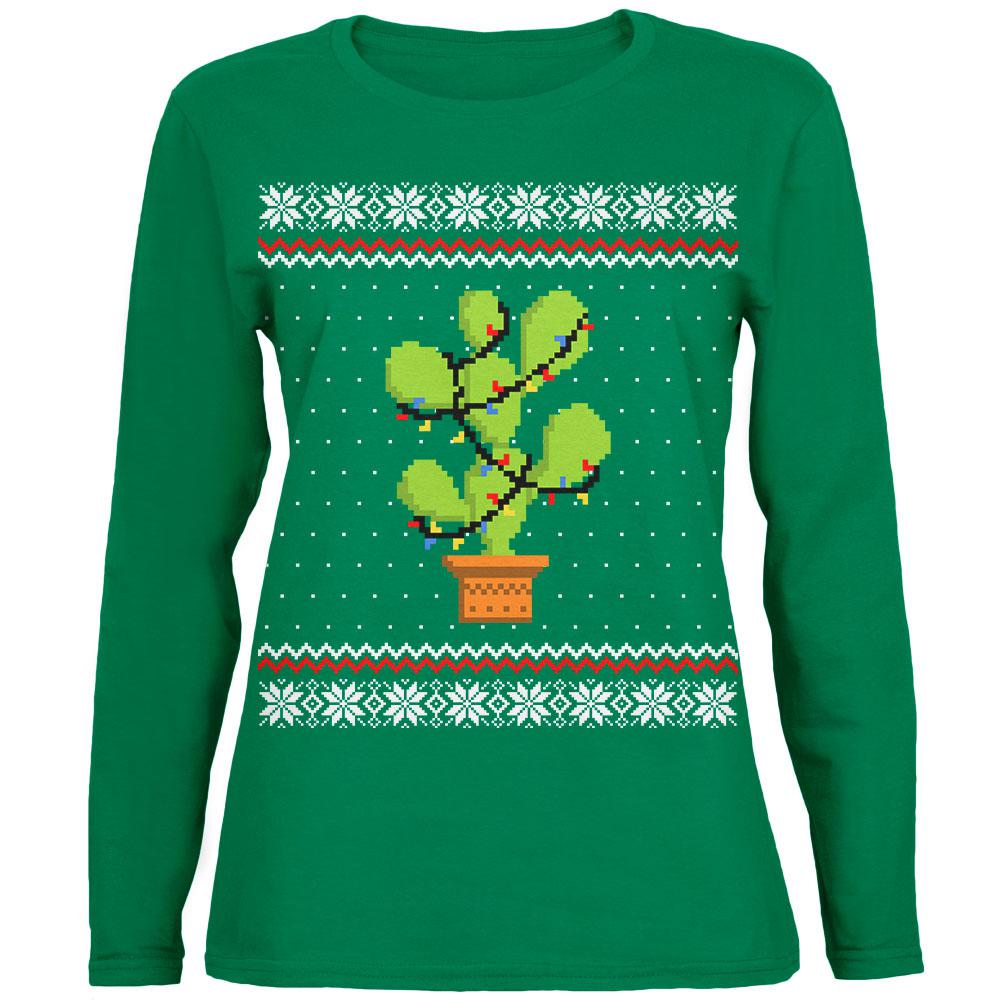 Cactus Prickly Pear Tree Ugly Christmas Sweater Womens Long Sleeve T Shirt Women's Long Sleeves Old Glory SM Green