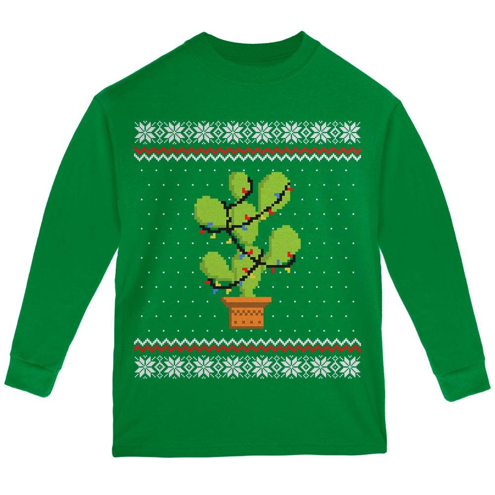 Cactus Prickly Pear Tree Ugly Christmas Sweater Youth Long Sleeve T Shirt Youth Long Sleeves Old Glory LG Green