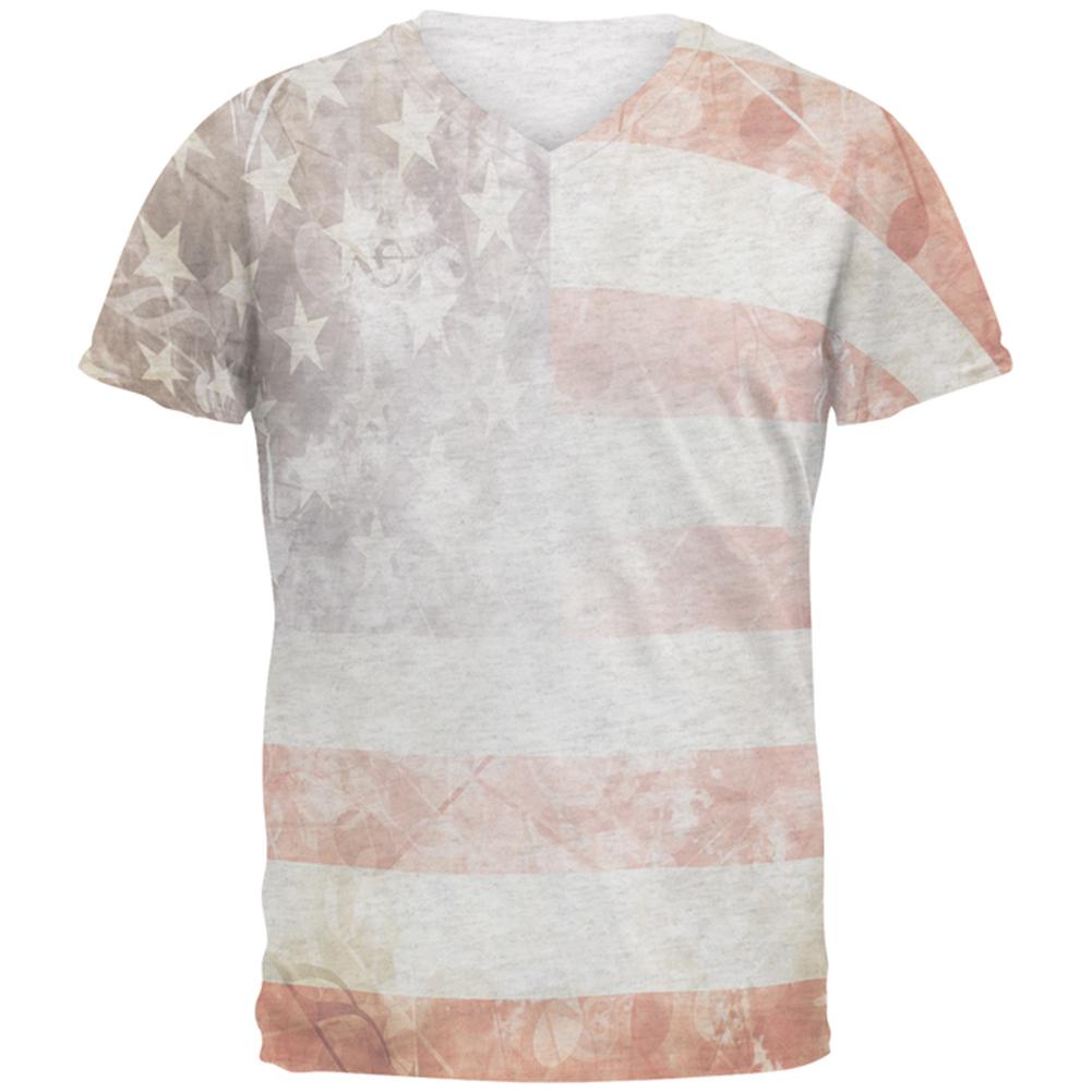 4th of July American National Anthem Flag and Lyrics Mens Soft V-Neck T Shirt Men's T-Shirts Old Glory 2XL Heather White