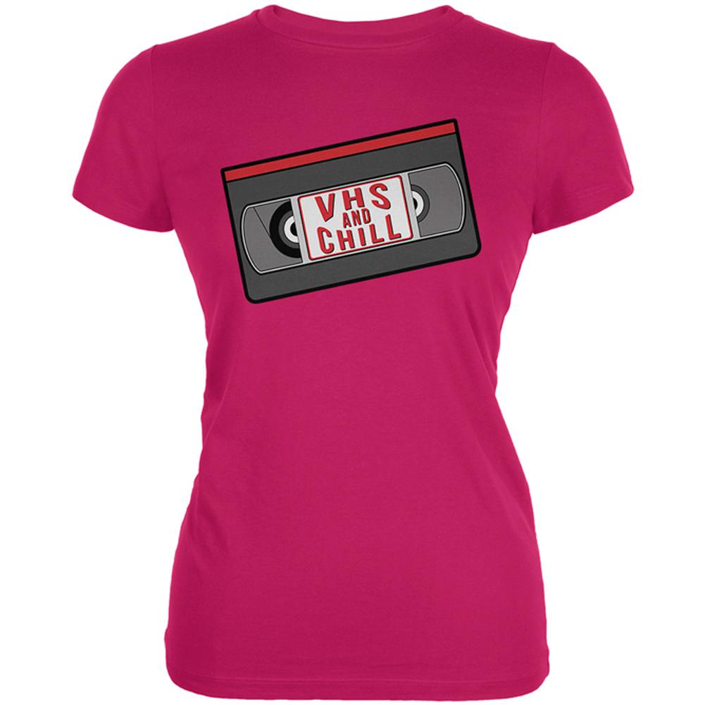 VHS And Chill Funny Juniors Soft T Shirt Juniors T-Shirts Old Glory LG Bright Berry